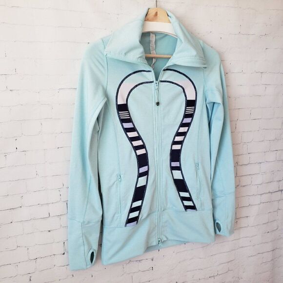 Lululemon Instride Jacket Size 4 Light Blue Striped Omega Logo Long Length - Picture 2 of 9
